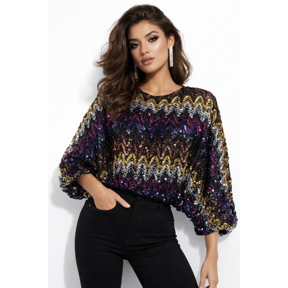 Vintage 80s Miss H  Evening Top Size S Sequined Batwing Sleeves Colorful Disco